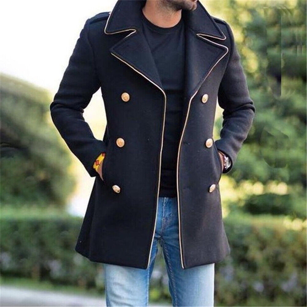 Men's Pea Coat Winter Warm Lapel Double-Breasteed Overcoat