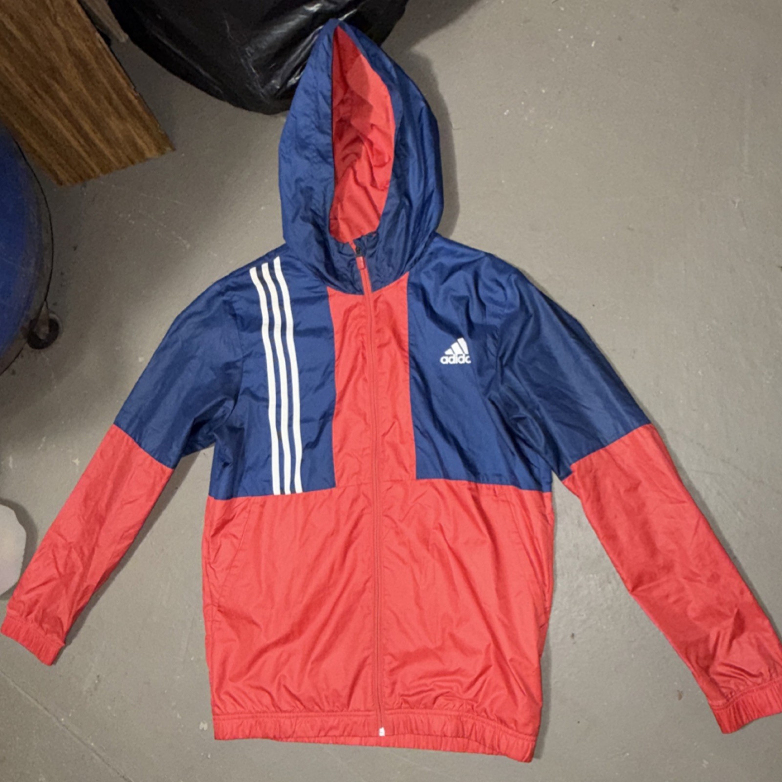 adidas Men's Windbreaker Hooded Jacket Blue Red Full Zip Size M