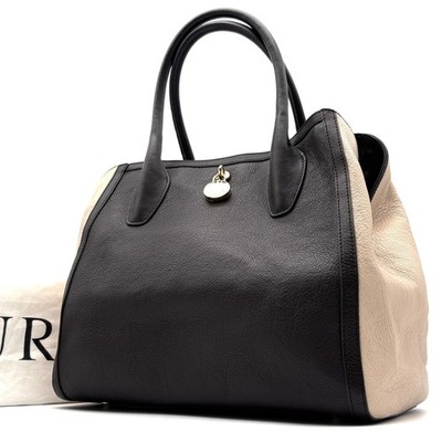 Nearly FURLA Bicolor Charm Tote Bag Handbag Leather Brown Ivory Large Capacity C
