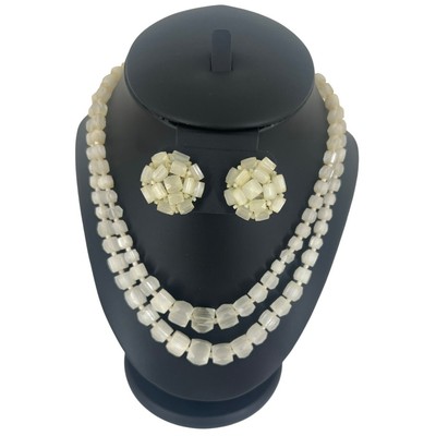 Vintage Double Strand Selenite Choker Necklace & Beaded Crystal Earrings READ