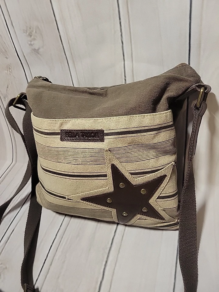 Bolso Bandolera Bella Taylor Tela Lona Marrón Tostado Rayas Estrella  Foto 2 de 4