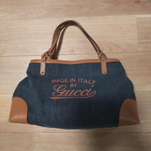 Gucci Denim Leather Handbag Dark Blue Brown Pre-owned From Japan
