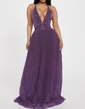 Purple Metallic Pleated Maxi Dress S V-Neck Backless Adjustable Spaghetti Strap