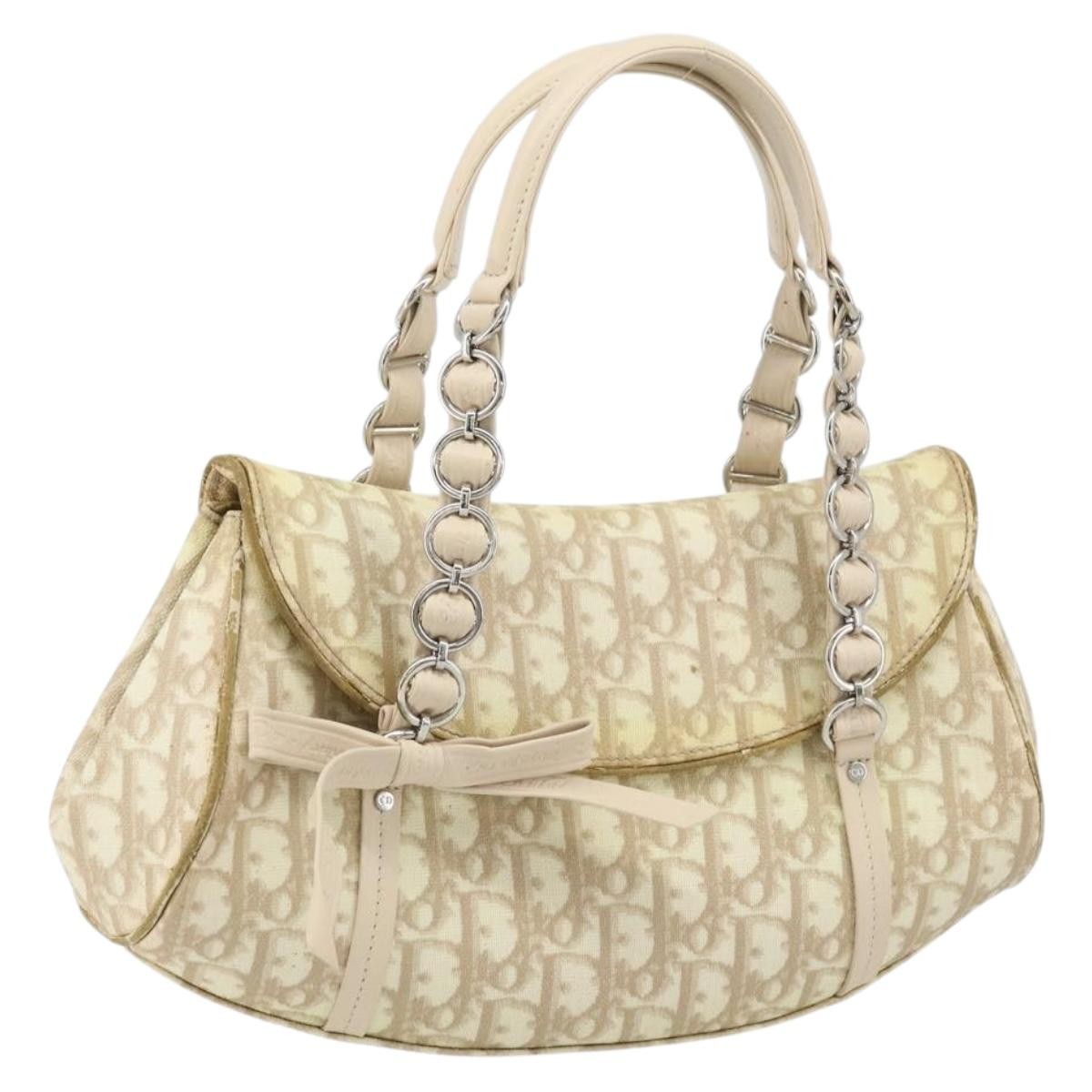 Christian Dior Trotter Canvas Chain Hand Bag PVC Beige Silver Auth