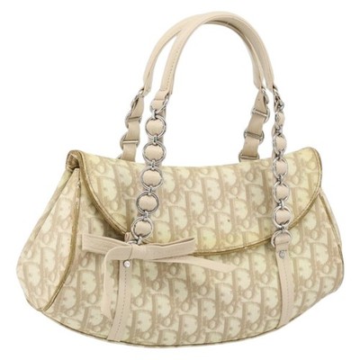 Christian Dior Trotter Canvas Chain Hand Bag PVC Beige Silver Auth