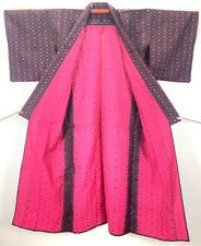 Unused XS Silk Tsumugi Kimono Black Wine Red Hishi Yuki 25.6in Hitoe FedEx Zen