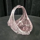 vintage Murano-style art glass basket featuring a pink and clear swirl design