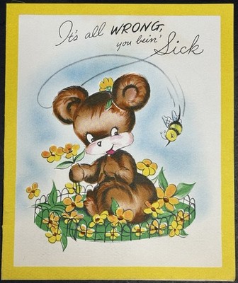 Vintage Greeting Card Brown Bear Bee Flowers Cute Illustration Get Weill