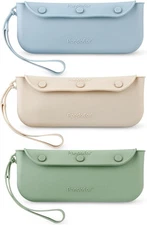 PandaEar 3 Pack Silicone Baby Cutlery Holder Bags, Blue & Green & Tan 