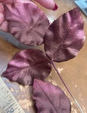 vintage 1940s tri leaves silk satin 1 spray deep rose brown made in Japan