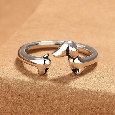 Süßer Dackel Hund Ring verstellbar Thai Silber Wurst Haustier Schmuck Geschenk