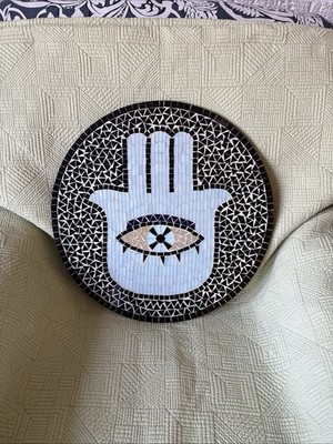 Hamsa Hand Mosaic Wall Hanging Art Evil Eye Boho Decor Glass Tile Round 17 7/8 