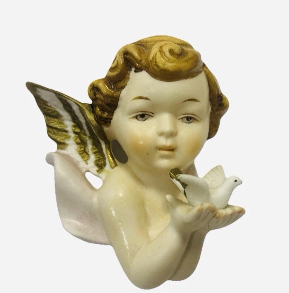 Vtg Kelvin’s ANGEL FIGURINE with Dove Cherub Wall Hanging / Marked Orig Sticker