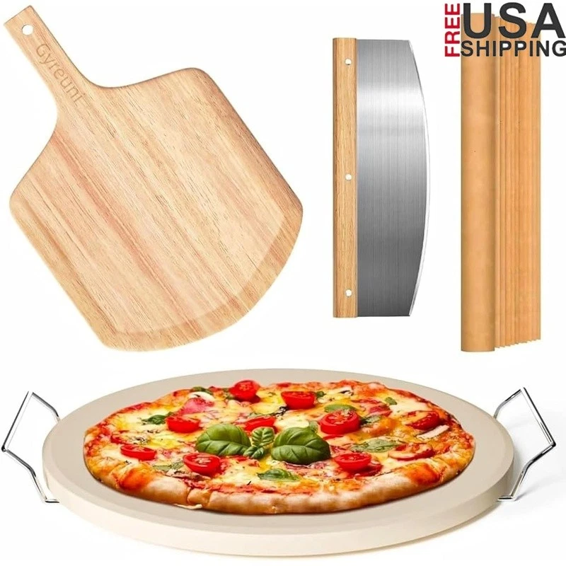 5 PCS Pizza Stone Set W/ Oak Paddle Cutter Serving Rack Parchment Paper New
