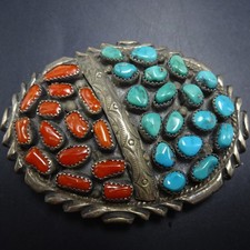 Vintage TURQUOISE  OLD RED MED CORAL Cluster BELT BUCKLE Sterling Silver