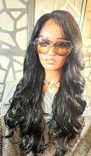 Long Black Wig Lace Front Wavy Black Wig Human Blend Curly Black Wig Glueless