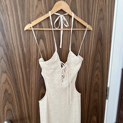 Bershka Ecru Cream Halterneck Crochet Lace Front Cut Out Maxi Dress Large  NEW | eBay