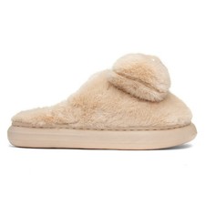 Krush Womens Slippers Beige Adults Ladies Fluffy Faux Fur Bow Teddy Bear SIZE