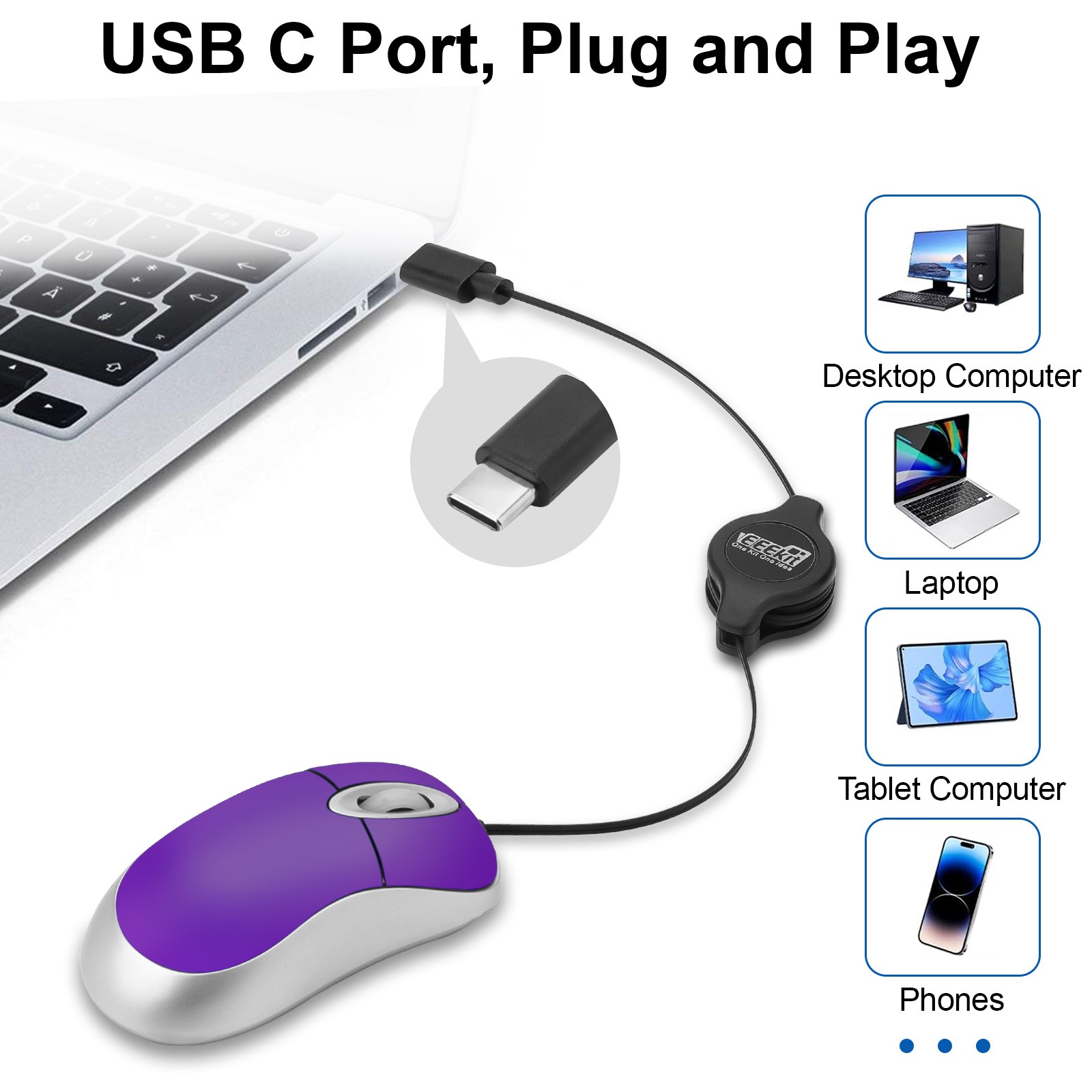 Mouse óptico USB C mini de 3 botones para computadora/laptop Windows/Mac cableado, imagen 2