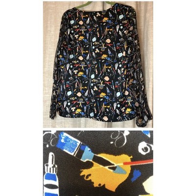 Sisley Black Print Artsy Paint 100% Silk Top Blouse Shirt, Sheer Sleeves, Med