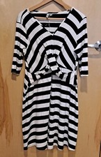 ASOS Black White Striped Viscose 3/4 Sleeve V-neck Knee Length Dress Size 14