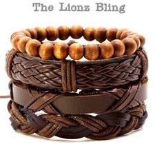 Urban Bohemian style Stacked Genuine Cafe Brown Leather  Wood Bead Bracelets