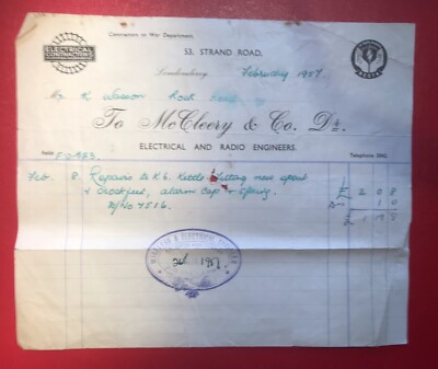 McCleery & Co Elektro- & Funkingenieure Derry Quittung Vintage Rechnung M228