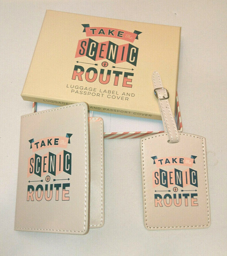 Take The Scenic Route PASSPORT COVER & LUGGAGE LABEL SET Telegramme FAUX LEATHER