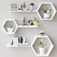 Wooden Hexagon Floating Shelves Wall Mounted Set Of 6 Pine Wood Hexagon Shelves