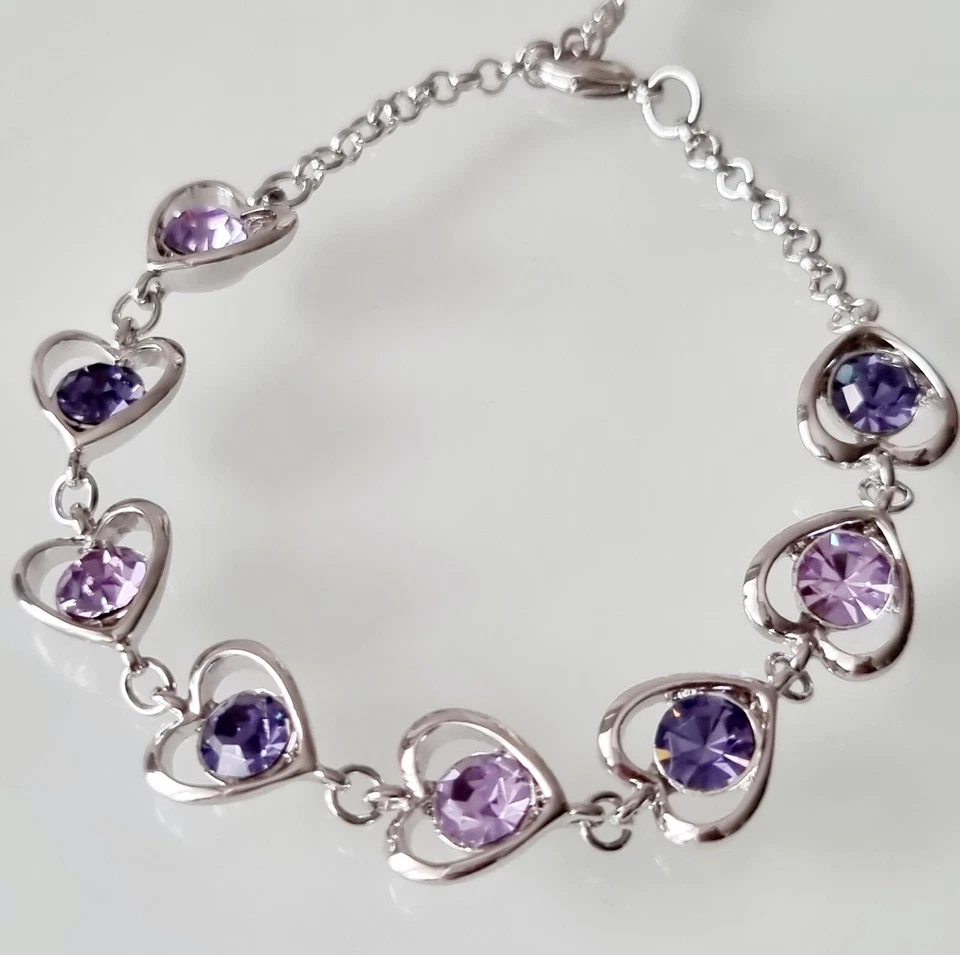 Swarovski Element Purple Heart Shaped Crystal Rhodium Plated Women Bracelet - Image 4 of 4