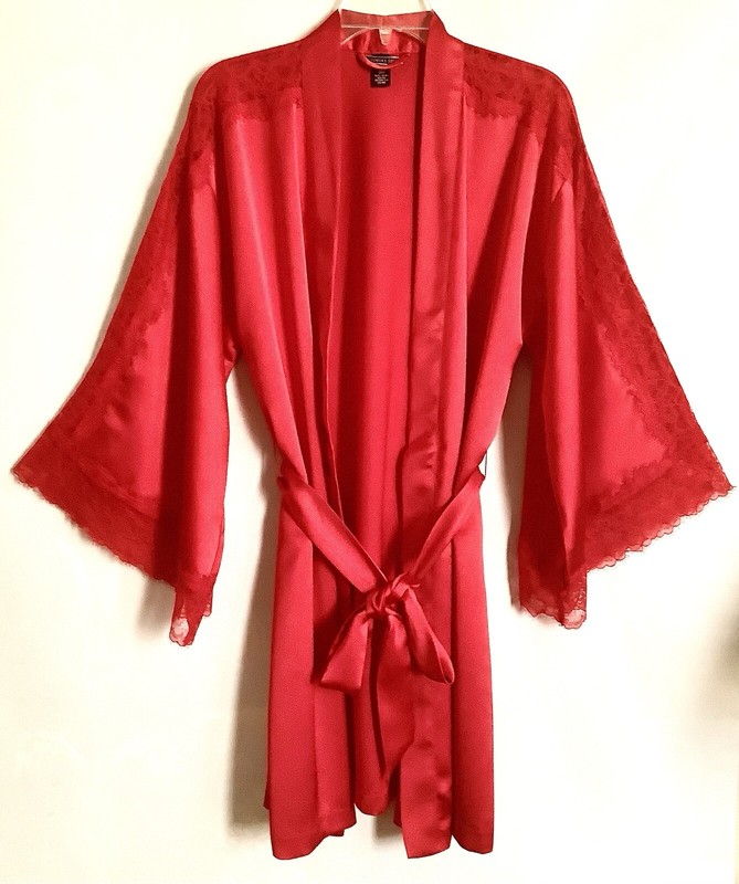 VTG Victoria's Secret Red Satin Lace Long Sleeve Belted Robe Sz XS