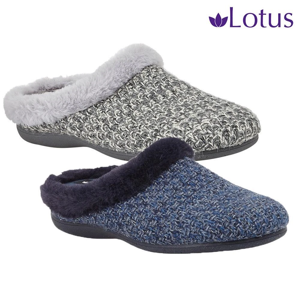 Lotus Ladies Navy Grey Slippers Faux Fur Memory Foam Slip On