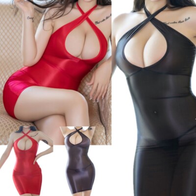 Women Ice Silk Mini Dress Sexy Halter Strap Cutout Dress Thong Chemise  Lingerie | eBay