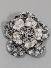 Gray Black Sweater Wool Blend Fabric Flower Silver Tone Pin
