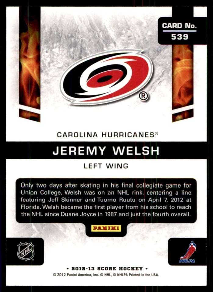 2012-13 Score Jeremy Welsh RC Carolina Hurricanes #539 - Image 2 of 2