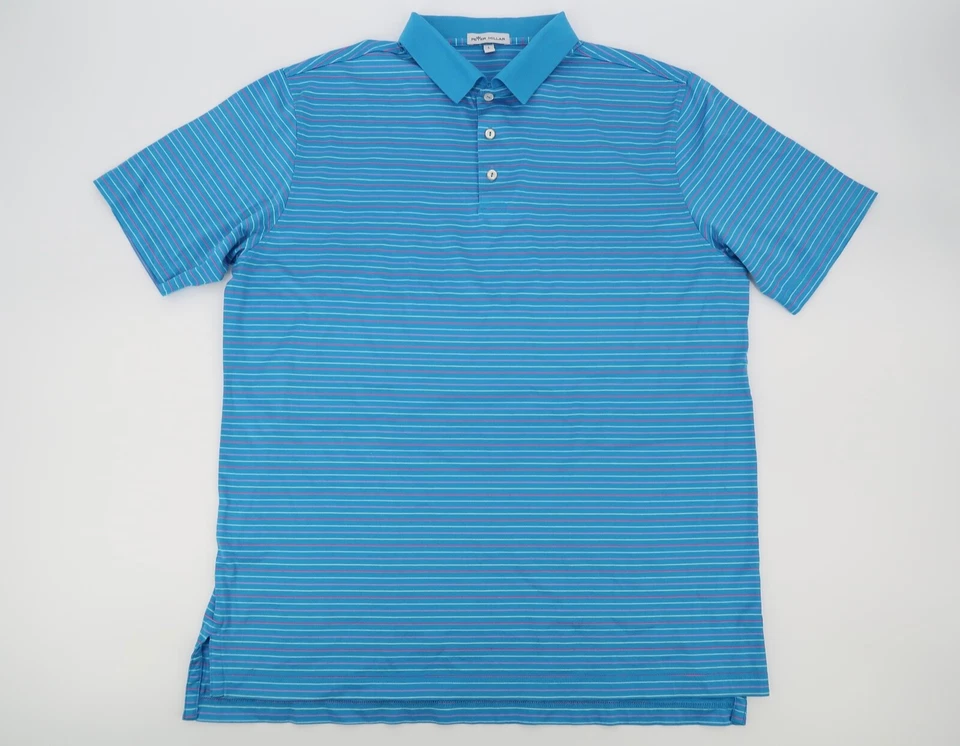 Peter Millar Mens Large Blue Striped Golf Performance Cotton Polo Shirt - Image 2 of 4