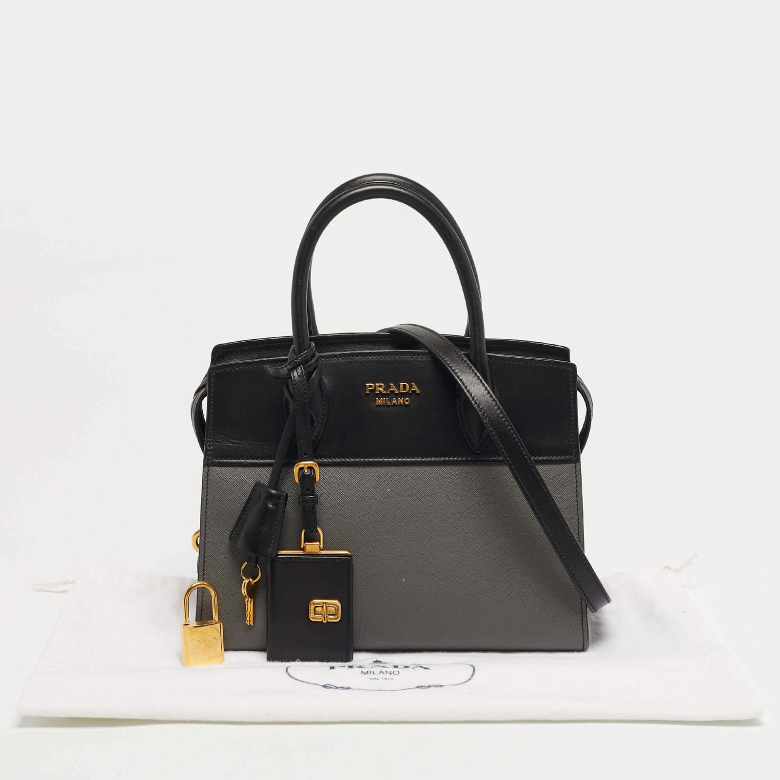 Prada Esplanade BlackGrey Saffiano Lux Leather Tote thumbnail 9