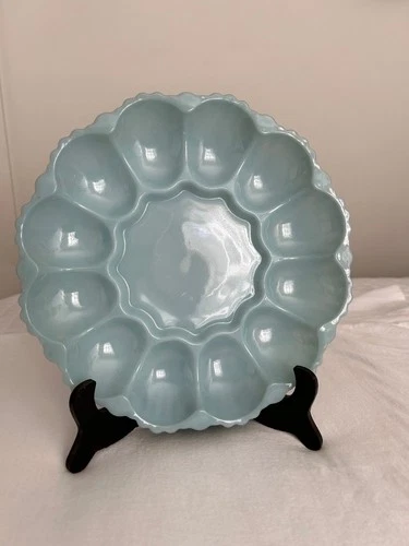 Vintage Blue Milk Glass Delphite Deviled Egg Plate Fire King Anchor Hocking