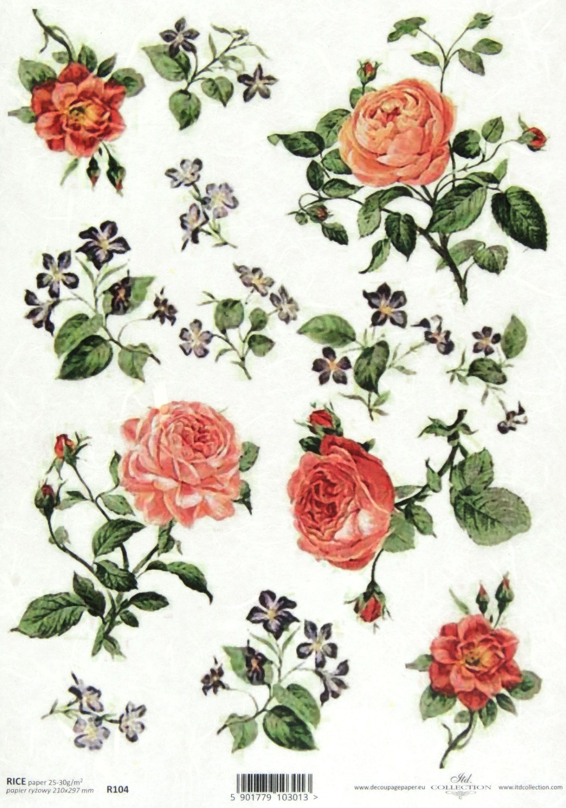 Rice Paper A4 Decoupage - Vintage Red Roses & Blue Flowers - ITD Collection R104