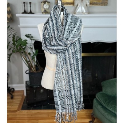 Vintage Missoni Scarf, Wool Blend Silver Gray Tan Zigzag, 68'' Fringe, Italy NWT