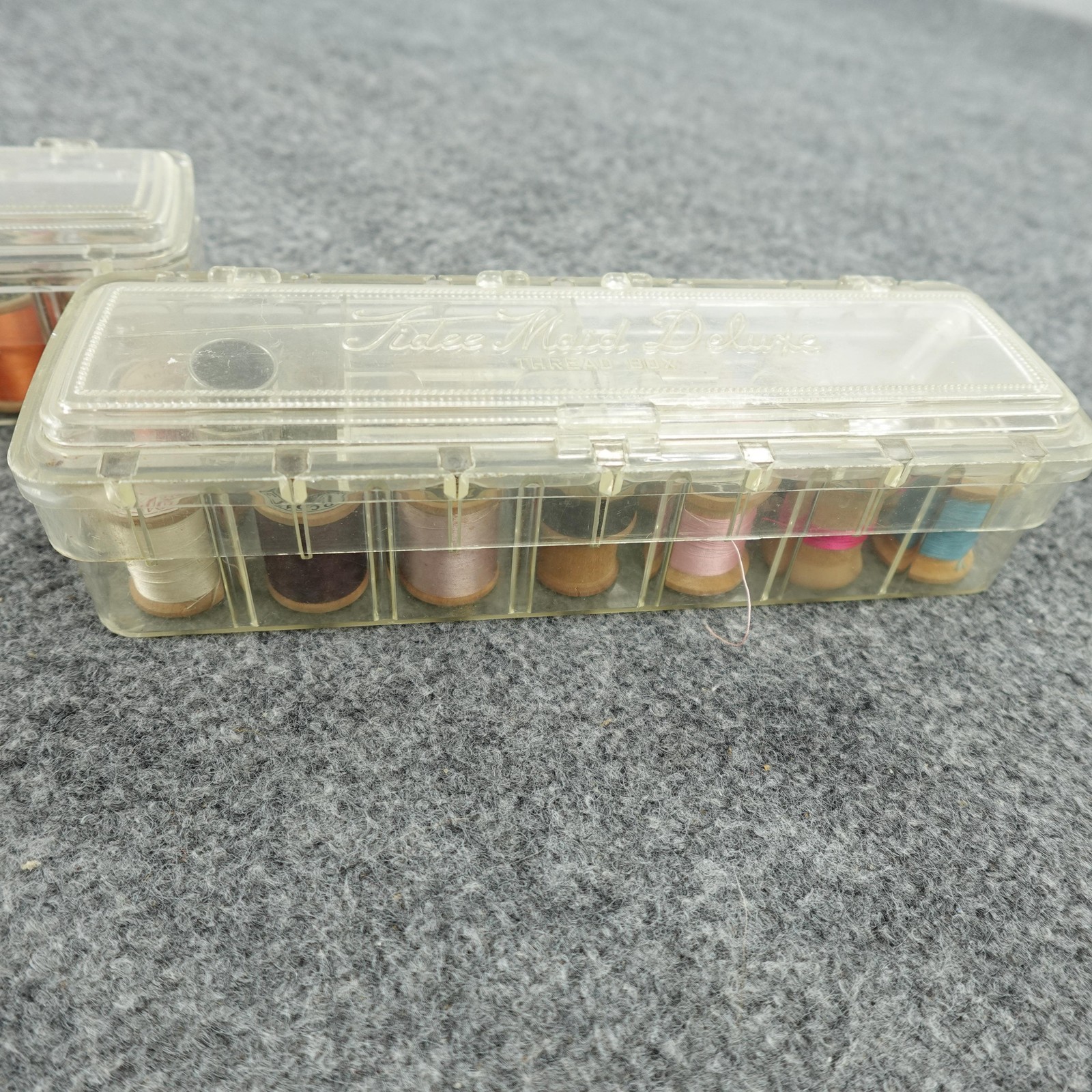 Vintage Tidee Maid Deluxe Thread Box Sewing Organizer Lot of 2 w/ Wooden Spools