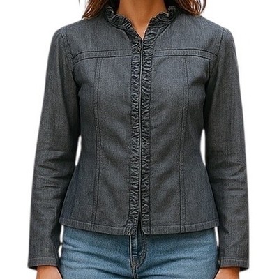 Sandro Studio Ruffle Trim Zip Front Jacket Blue Long Sleeve Plus Sz 1X Workwear