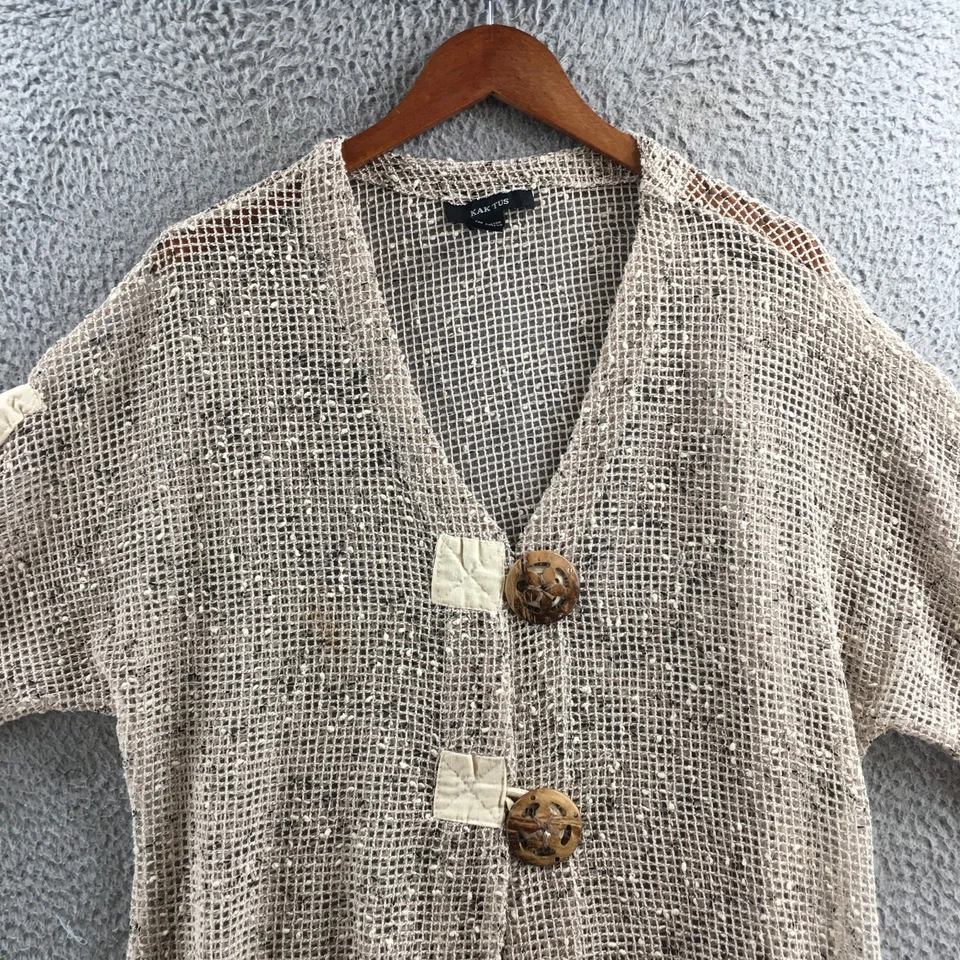 Kaktus Open Knit Cardigan Sweater Women L Beige Cotton Short Sleeve Button Front - Image 2 of 4