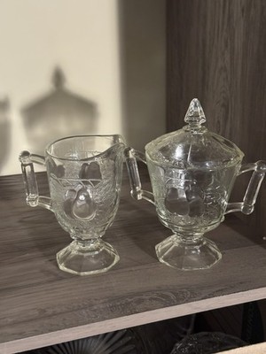 Vintage Jeanette Glass ''Baltimore Pear'' Sugar Bowl W/ Lid and Creamer Set