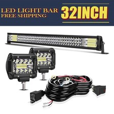 Triple Row 32" 180W LED Light Bar 2X 4" 60W Cube Pods w/Harness for Trucks