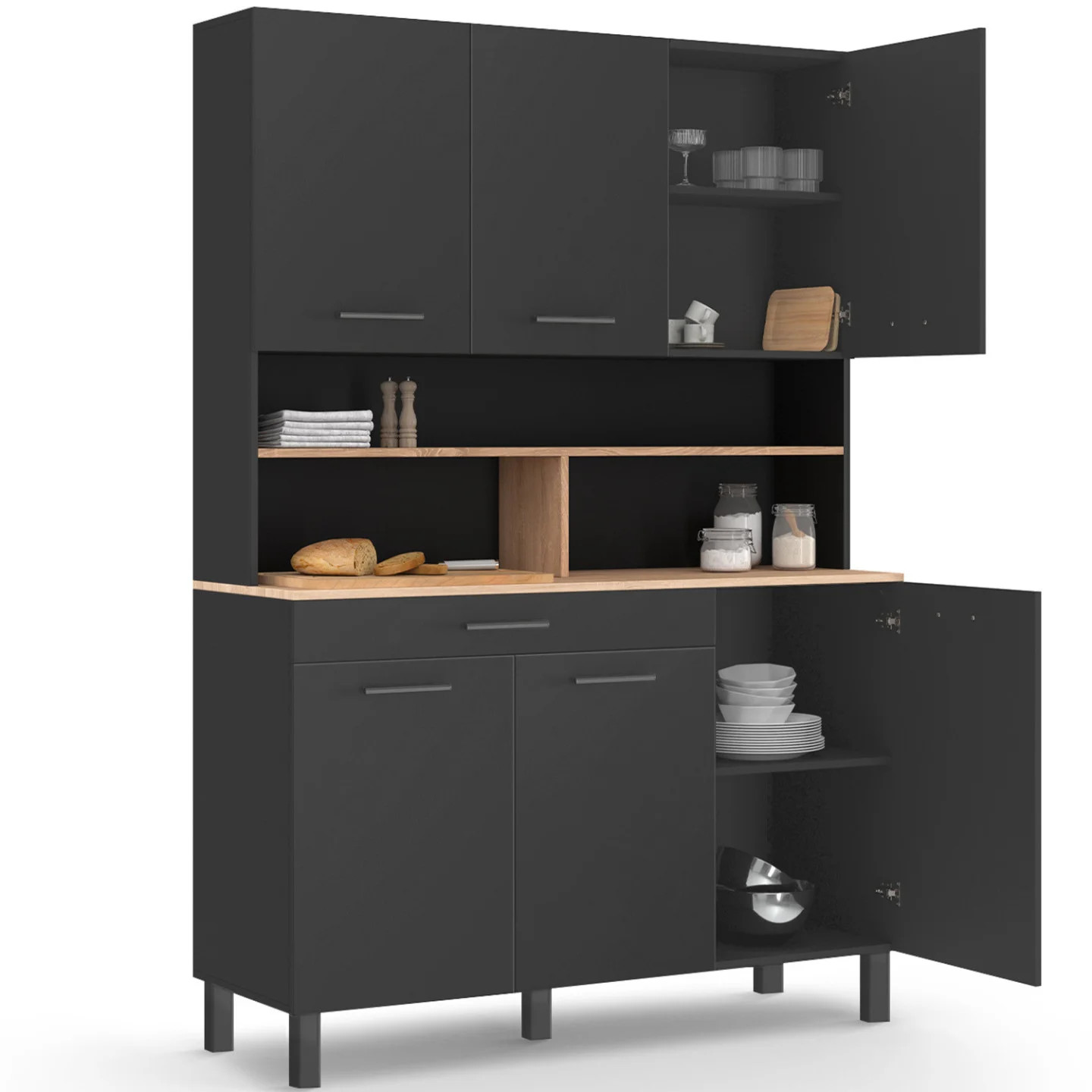 Buffet de cuisine CINA 120 cm avec grand plan de travail façon hêtre