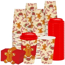 JarThenaAMCS 48 Set Christmas Disposable Coffee Cups with Lids and Sleeves Gi...
