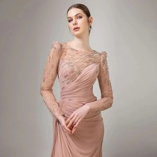 Evening Dress Customized Round Neck Long Sleeve Beading Pleat Split Chiffon HOT