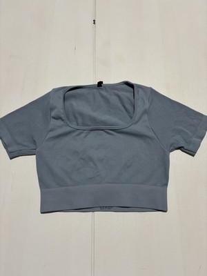Teveo Sport Tshirt Cropped Ribbed Damen Hellblau Backprint Gr. S