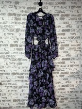 NWT! Boohoo Floral Chiffon Frill Detail Cut Out Maxi Dress Purple Size US 14